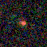 Colour composite: F444W red, F356W green, F277W blue, 3.2 arcsec across, north up