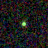 Colour composite: F444W red, F356W green, F277W blue, 3.2 arcsec across, north up