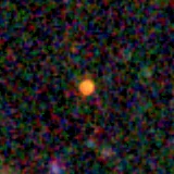 Colour composite: F444W red, F356W green, F277W blue, 3.2 arcsec across, north up