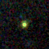 Colour composite: F444W red, F356W green, F277W blue, 3.2 arcsec across, north up