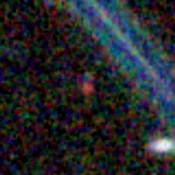 Colour composite: F444W red, F356W green, F277W blue, 3.2 arcsec across, north up