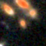Colour composite: F444W red, F356W green, F277W blue, 3.2 arcsec across, north up