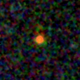 Colour composite: F444W red, F356W green, F277W blue, 3.2 arcsec across, north up