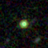 Colour composite: F444W red, F356W green, F277W blue, 3.2 arcsec across, north up
