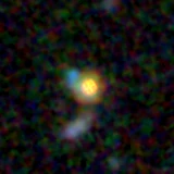 Colour composite: F444W red, F356W green, F277W blue, 3.2 arcsec across, north up