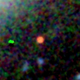 Colour composite: F444W red, F356W green, F277W blue, 3.2 arcsec across, north up