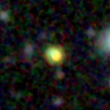 Colour composite: F444W red, F356W green, F277W blue, 3.2 arcsec across, north up