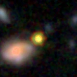 Colour composite: F444W red, F356W green, F277W blue, 3.2 arcsec across, north up
