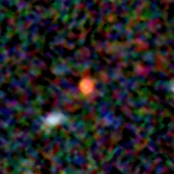 Colour composite: F444W red, F356W green, F277W blue, 3.2 arcsec across, north up
