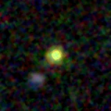 Colour composite: F444W red, F356W green, F277W blue, 3.2 arcsec across, north up