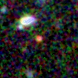 Colour composite: F444W red, F356W green, F277W blue, 3.2 arcsec across, north up