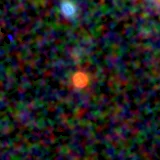Colour composite: F444W red, F356W green, F277W blue, 3.2 arcsec across, north up
