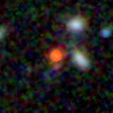 Colour composite: F444W red, F356W green, F277W blue, 3.2 arcsec across, north up