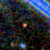 Colour composite: F444W red, F356W green, F277W blue, 3.2 arcsec across, north up