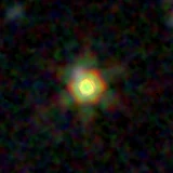 Colour composite: F444W red, F356W green, F277W blue, 3.2 arcsec across, north up