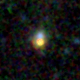 Colour composite: F444W red, F356W green, F277W blue, 3.2 arcsec across, north up