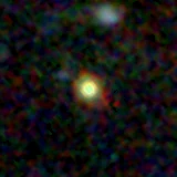 Colour composite: F444W red, F356W green, F277W blue, 3.2 arcsec across, north up