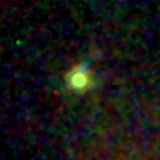 Colour composite: F444W red, F356W green, F277W blue, 3.2 arcsec across, north up