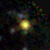Colour composite: F444W red, F356W green, F277W blue, 3.2 arcsec across, north up
