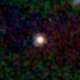 Colour composite: F444W red, F356W green, F277W blue, 3.2 arcsec across, north up