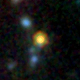 Colour composite: F444W red, F356W green, F277W blue, 3.2 arcsec across, north up