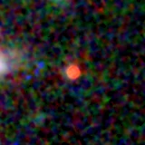 Colour composite: F444W red, F356W green, F277W blue, 3.2 arcsec across, north up