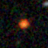 Colour composite: F444W red, F356W green, F277W blue, 3.2 arcsec across, north up
