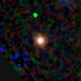 Colour composite: F444W red, F356W green, F277W blue, 3.2 arcsec across, north up