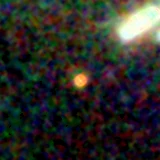 Colour composite: F444W red, F356W green, F277W blue, 3.2 arcsec across, north up