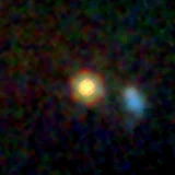 Colour composite: F444W red, F356W green, F277W blue, 3.2 arcsec across, north up