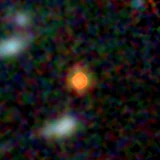 Colour composite: F444W red, F356W green, F277W blue, 3.2 arcsec across, north up