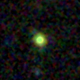 Colour composite: F444W red, F356W green, F277W blue, 3.2 arcsec across, north up
