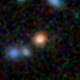 Colour composite: F444W red, F356W green, F277W blue, 3.2 arcsec across, north up