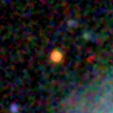 Colour composite: F444W red, F356W green, F277W blue, 3.2 arcsec across, north up
