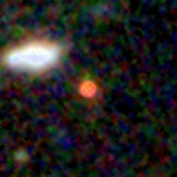Colour composite: F444W red, F356W green, F277W blue, 3.2 arcsec across, north up