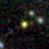 Colour composite: F444W red, F356W green, F277W blue, 3.2 arcsec across, north up