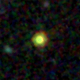 Colour composite: F444W red, F356W green, F277W blue, 3.2 arcsec across, north up