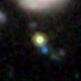 Colour composite: F444W red, F356W green, F277W blue, 3.2 arcsec across, north up