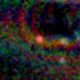 Colour composite: F444W red, F356W green, F277W blue, 3.2 arcsec across, north up
