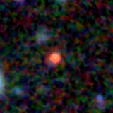 Colour composite: F444W red, F356W green, F277W blue, 3.2 arcsec across, north up