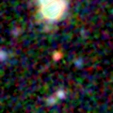 Colour composite: F444W red, F356W green, F277W blue, 3.2 arcsec across, north up