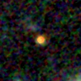 Colour composite: F444W red, F356W green, F277W blue, 3.2 arcsec across, north up