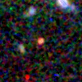 Colour composite: F444W red, F356W green, F277W blue, 3.2 arcsec across, north up