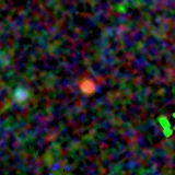 Colour composite: F444W red, F356W green, F277W blue, 3.2 arcsec across, north up