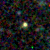 Colour composite: F444W red, F356W green, F277W blue, 3.2 arcsec across, north up
