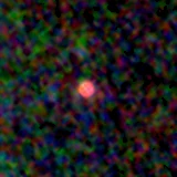 Colour composite: F444W red, F356W green, F277W blue, 3.2 arcsec across, north up