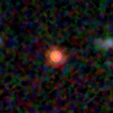 Colour composite: F444W red, F356W green, F277W blue, 3.2 arcsec across, north up