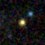 Colour composite: F444W red, F356W green, F277W blue, 3.2 arcsec across, north up