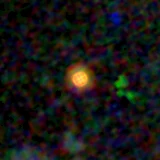 Colour composite: F444W red, F356W green, F277W blue, 3.2 arcsec across, north up