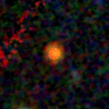 Colour composite: F444W red, F356W green, F277W blue, 3.2 arcsec across, north up